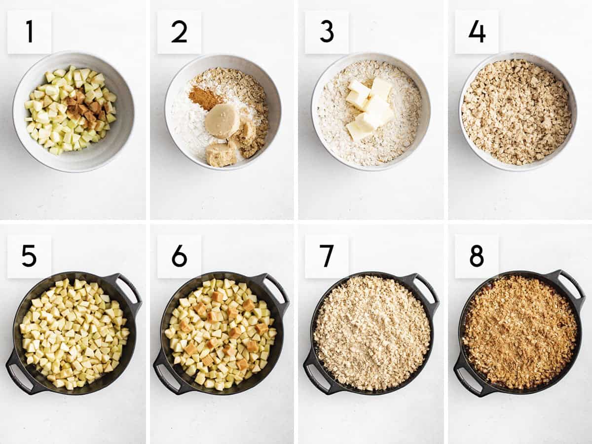 eight panel collage image showing how to make caramel apple crisp