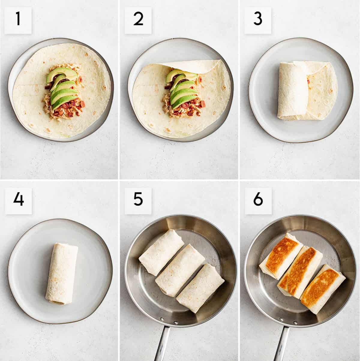six panel collage image showing the process of making pepper jack chicken wraps