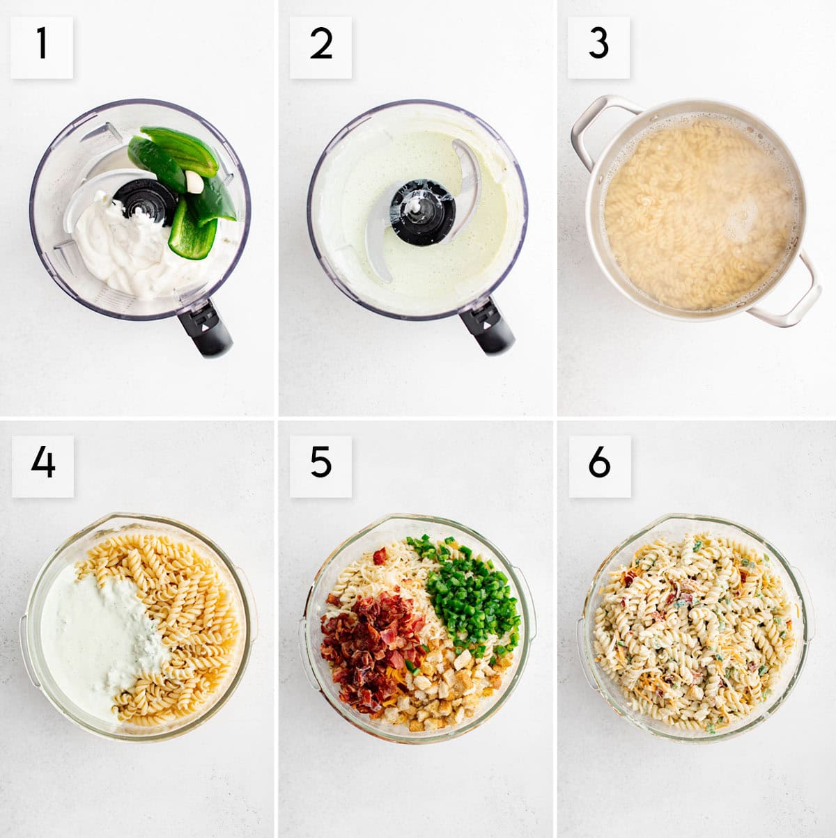 six panel collage image showing the process of making jalapeno popper pasta salad