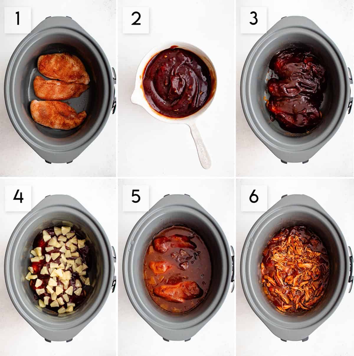 six panel collage image showing the process of making crockpot pineapple bbq chicken