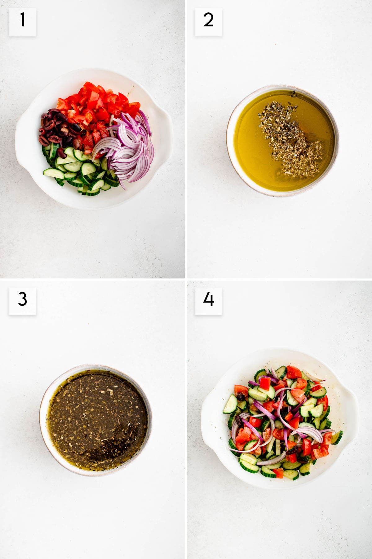 four panel collage image showing the process of making greek cucumber salad