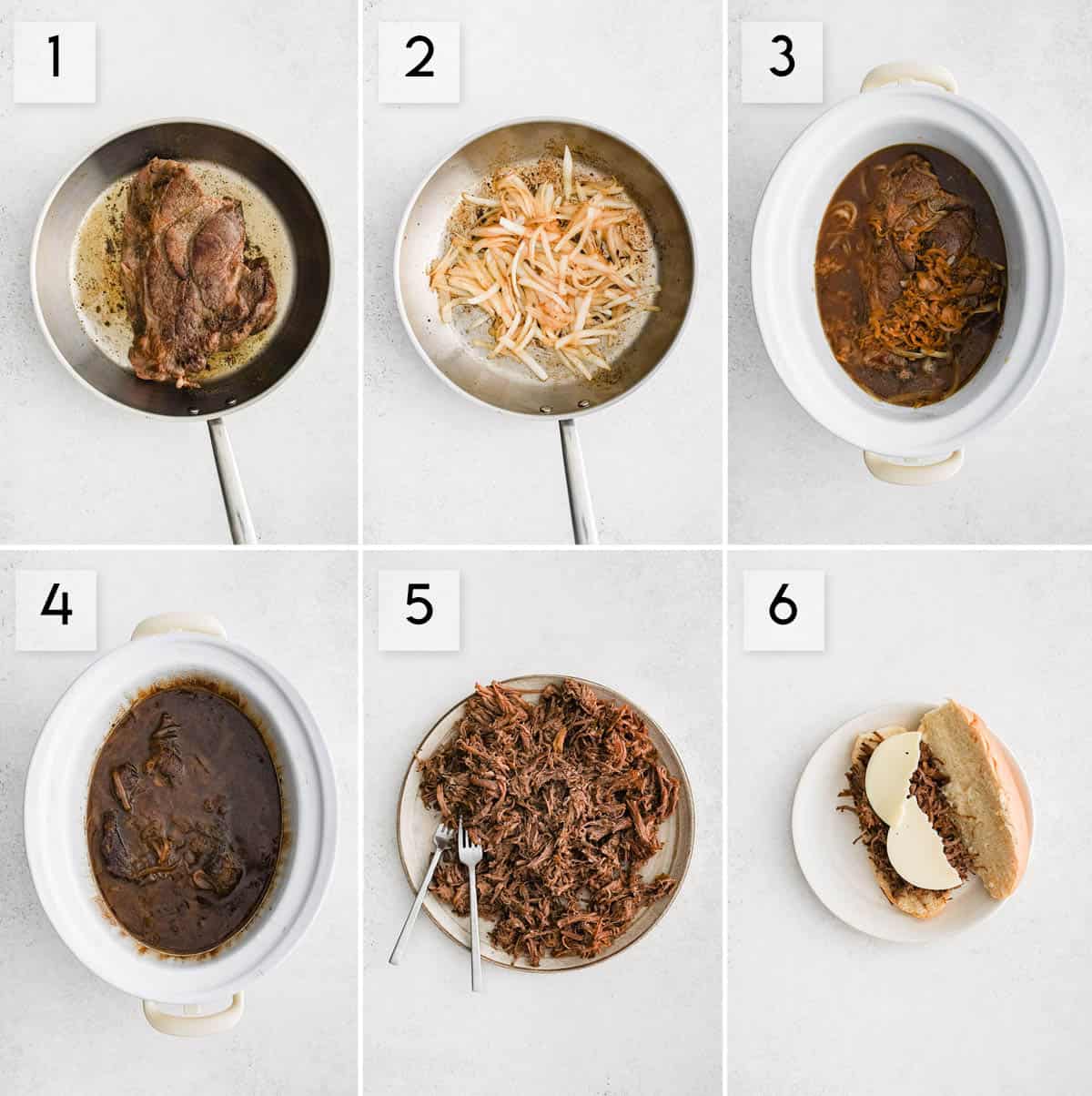 six panel collage image showing how to make a french dip sandwich