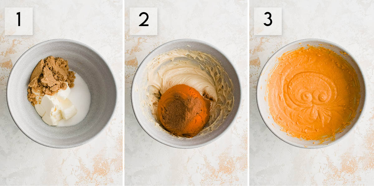 three panel collage image showing the steps of making pumpkin dip