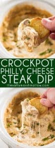 Crockpot Philly Cheese Steak Dip - This easy cheesesteak dip is the perfect appetizer for a crowd!  Made in the slow cooker, this hearty, mouthwatering, dip tastes just like a Philly Cheese Steak and is always a hit at game day and super bowl parties!