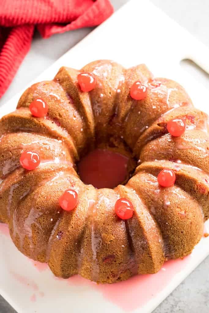 Easy Cherry Pound Cake made in a bundt pan