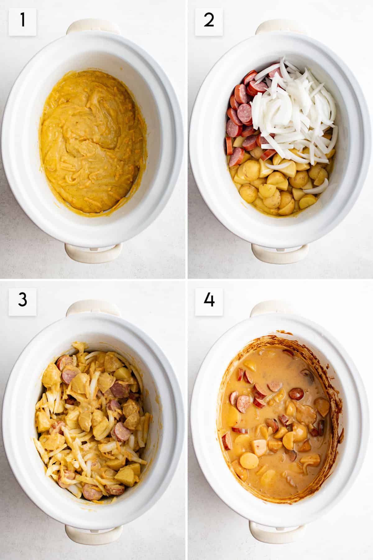 four panel collage image showing the process of making crockpot sausage and potatoes