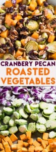 Cranberry Pecan Roasted Vegetables - Roasted butternut squash, brussel sprouts, and red onion make for an easy and gorgeous holiday side dish recipe!  These oven roasted fall vegetables are amazingly flavorful with a simple maple cinnamon butter plus dried cranberries and pecans!
