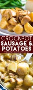 Crockpot Sausage and Potatoes - The most mouthwatering sausage and potatoes ever!  This tasty casserole is made easy in your slow cooker.  Full of Kielbasa smoked sausage, baby potatoes, and a creamy cheese sauce!