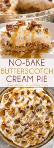 One of my favorite no bake desserts! No Bake Butterscotch Pie is a gorgeous no bake pie that's perfect to serve at any holiday gathering!  Rich and creamy butterscotch pudding flavor that will have everyone's mouth watering!