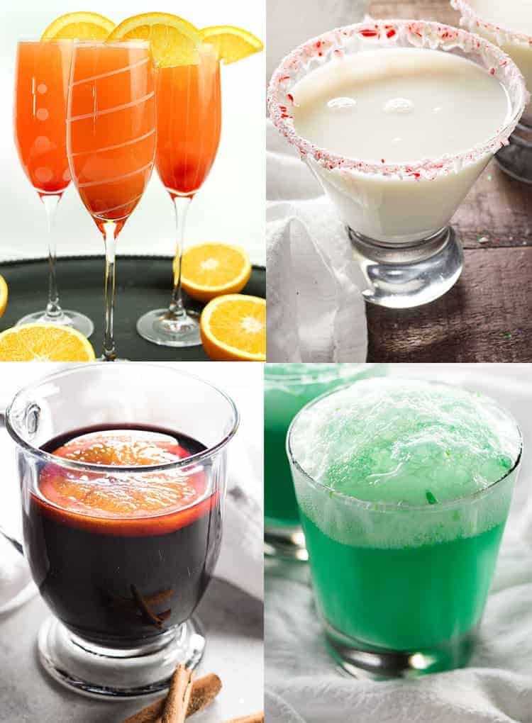 Four Christmas and Holiday Cocktails. Mulled Wine, Grinch Cocktail, White Christmas Cocktail, Mimosa Punch.