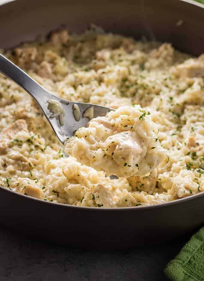 One pot chicken and rice with parmesan cheese