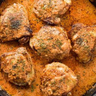 Chicken thighs or breasts cooked in a creamy tomato basil sauce
