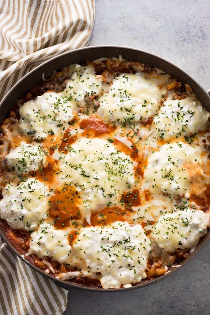One pot lasagna made with macaroni noodles ground beef and cottage cheese