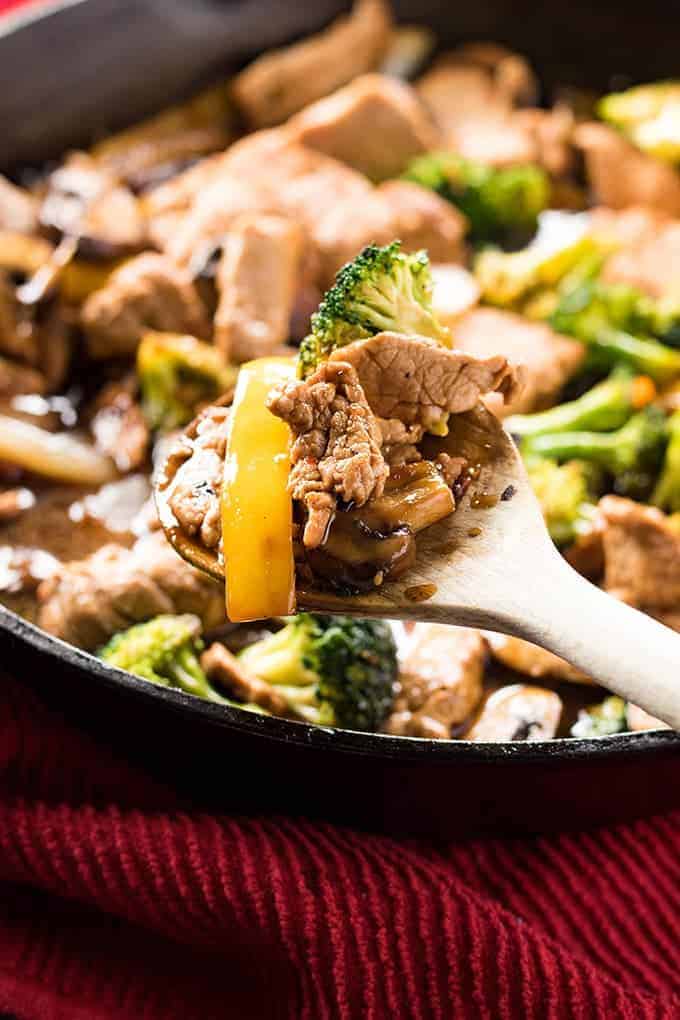 Pork stir fry made easy in one pan with a flavorful garlic sauce and veggies
