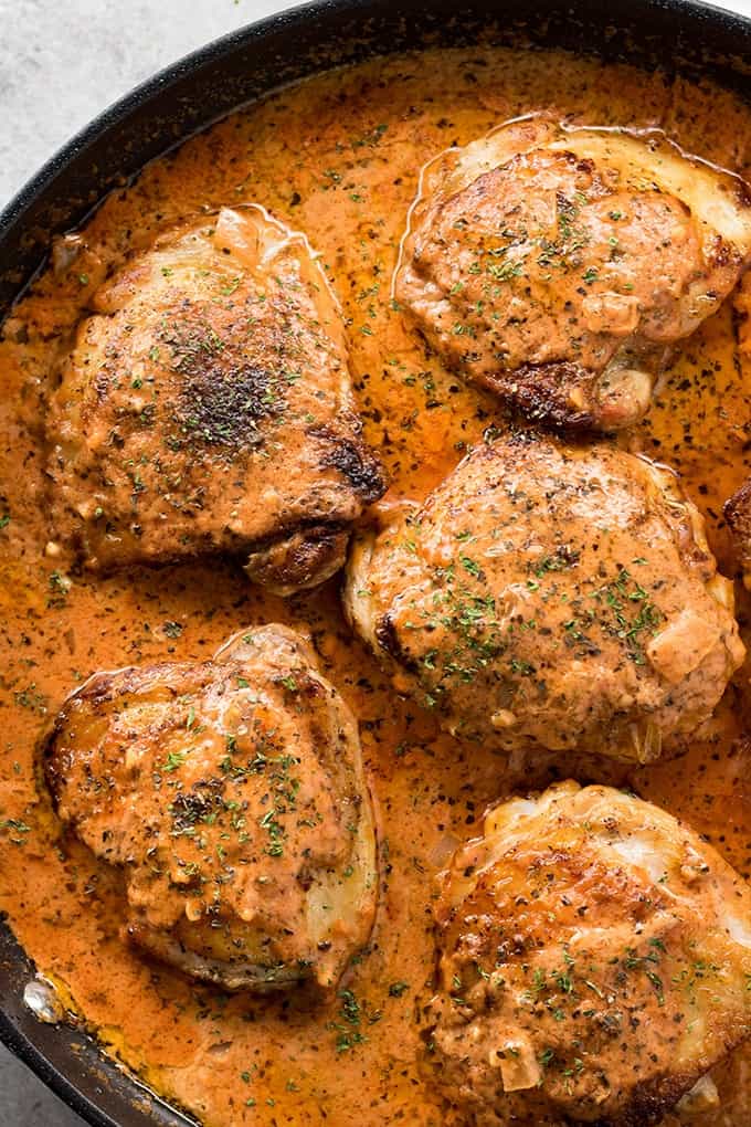 One pan creamy chicken with tomato basil and parmesan