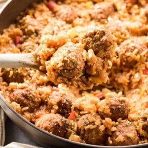 Meatballs and rice made in one skillet with a tomato sauce