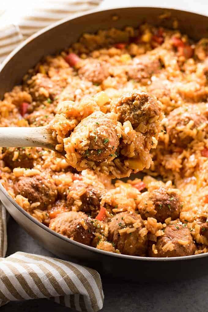 Meatballs and rice made in one skillet with a tomato sauce