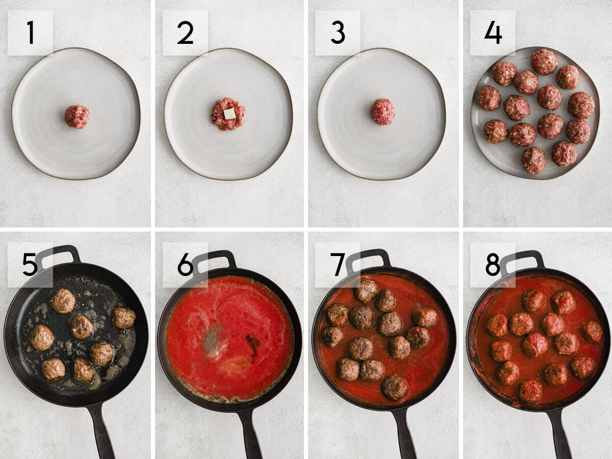 eight panel collage image showing the process of making mozzarella stuffed meatballs