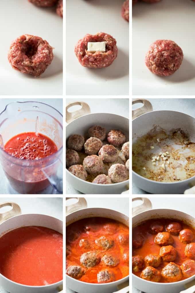 Step by step photos for making mozzarella stuffed meatballs