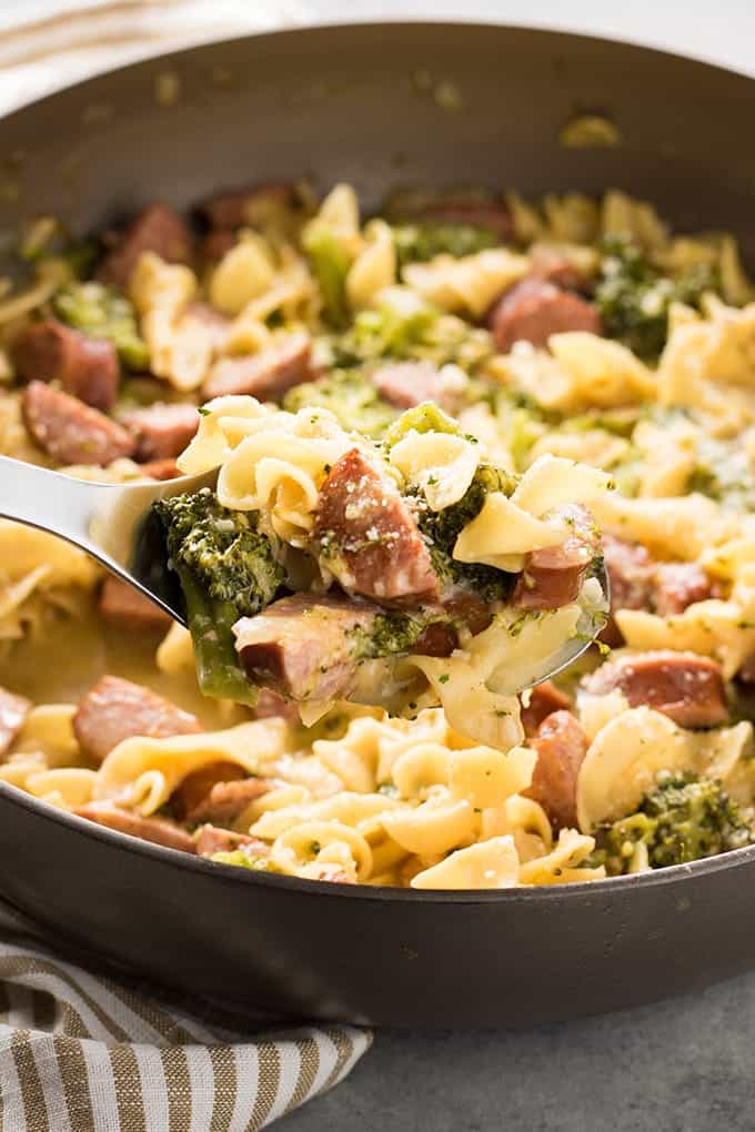 Cheesy Smoked Sausage One Pot Pasta - The Salty Marshmallow