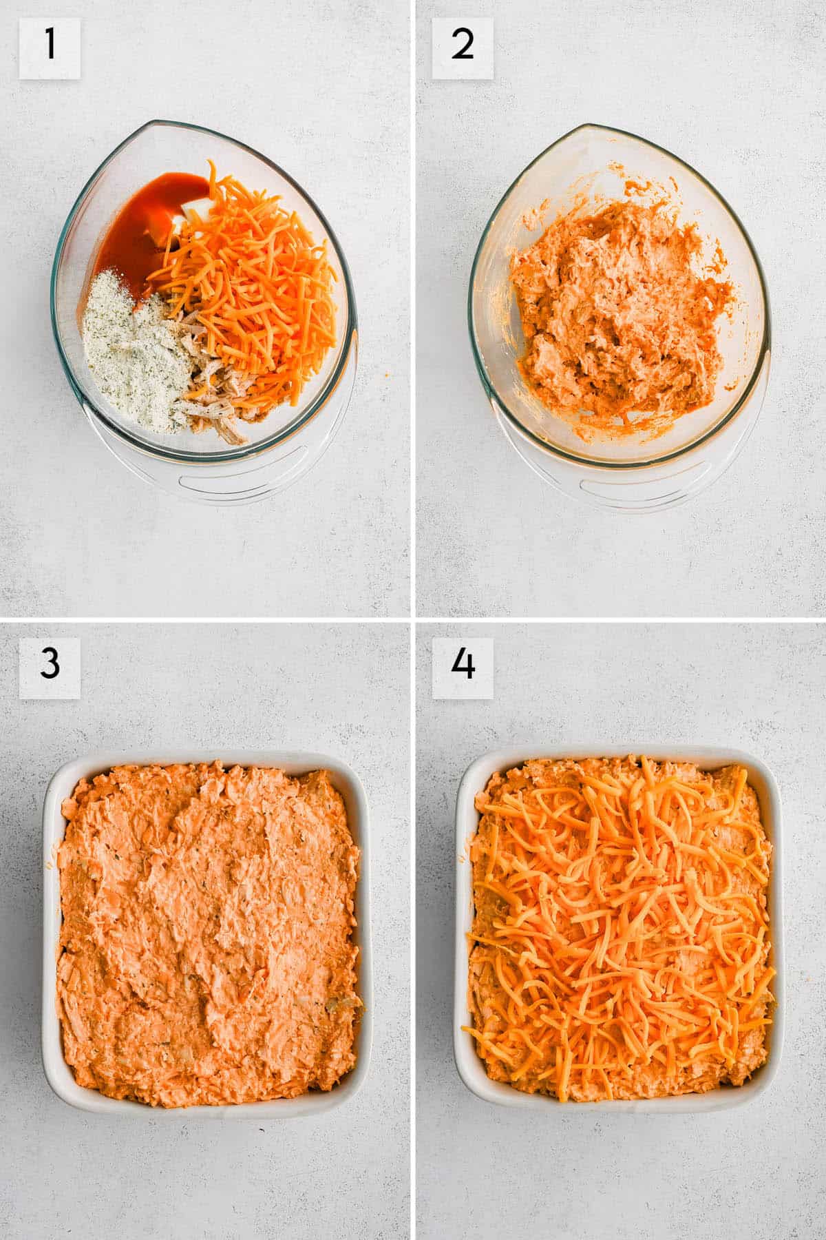 four panel collage image showing how to make buffalo chicken dip