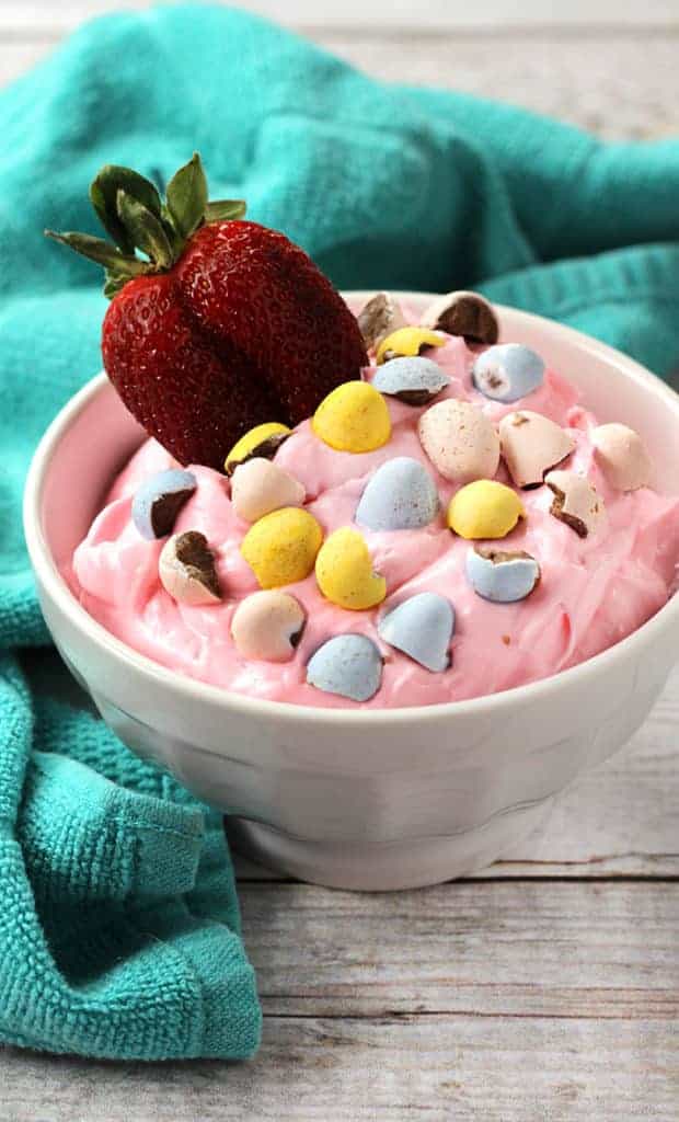 pink cheesecake dip with chocolate easter eggs