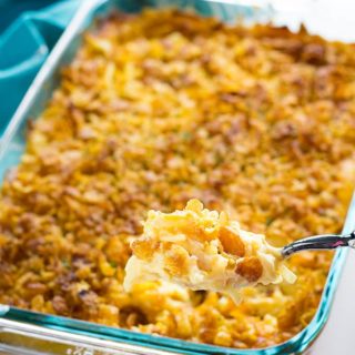cheesy hashbrown casserole with corn flake topping