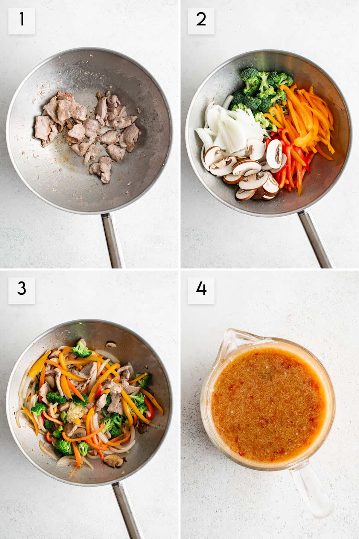 four panel collage image showing the process of making pork stir fry