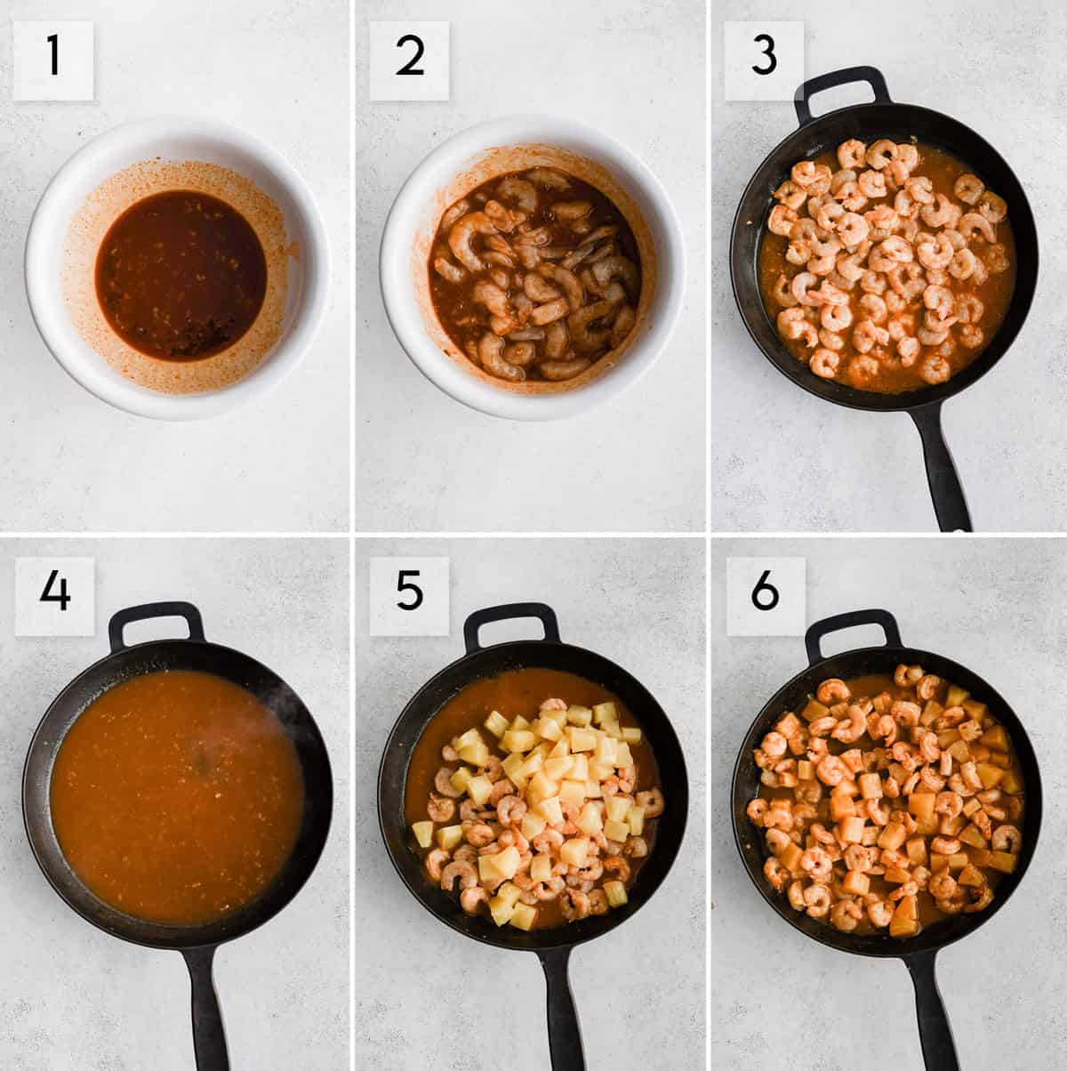 six panel collage image showing the process of making sweet chili shrimp