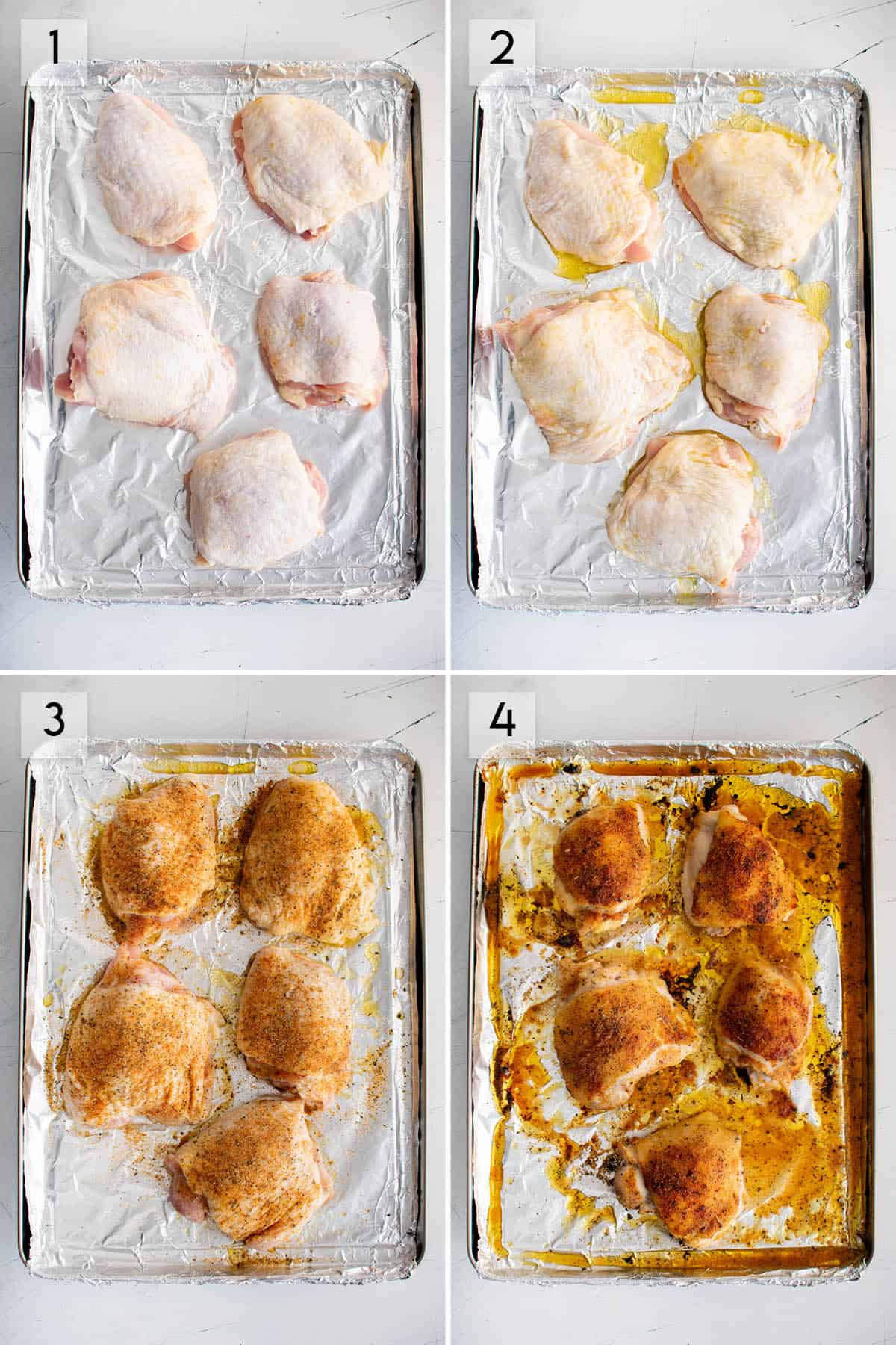 four panel collage image showing how to make lemon pepper chicken thighs