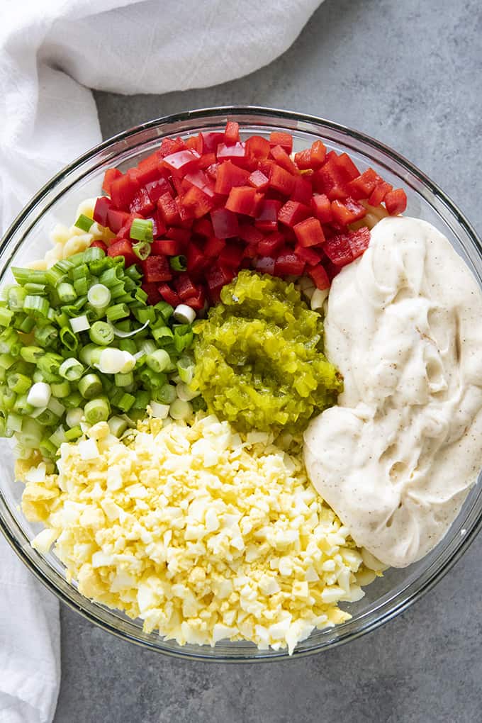 ingredients for macaroni salad in bowl