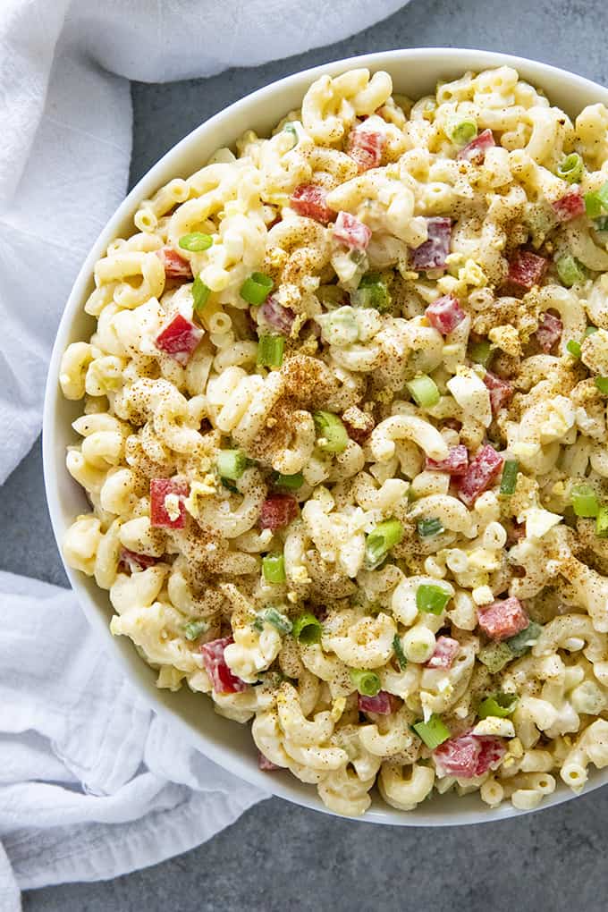 white bowl with macaroni salad