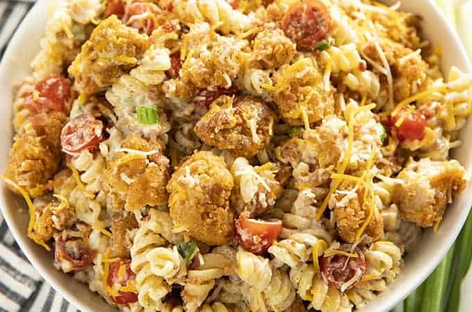 Popcorn Chicken Bacon Ranch Pasta Salad - The Salty Marshmallow