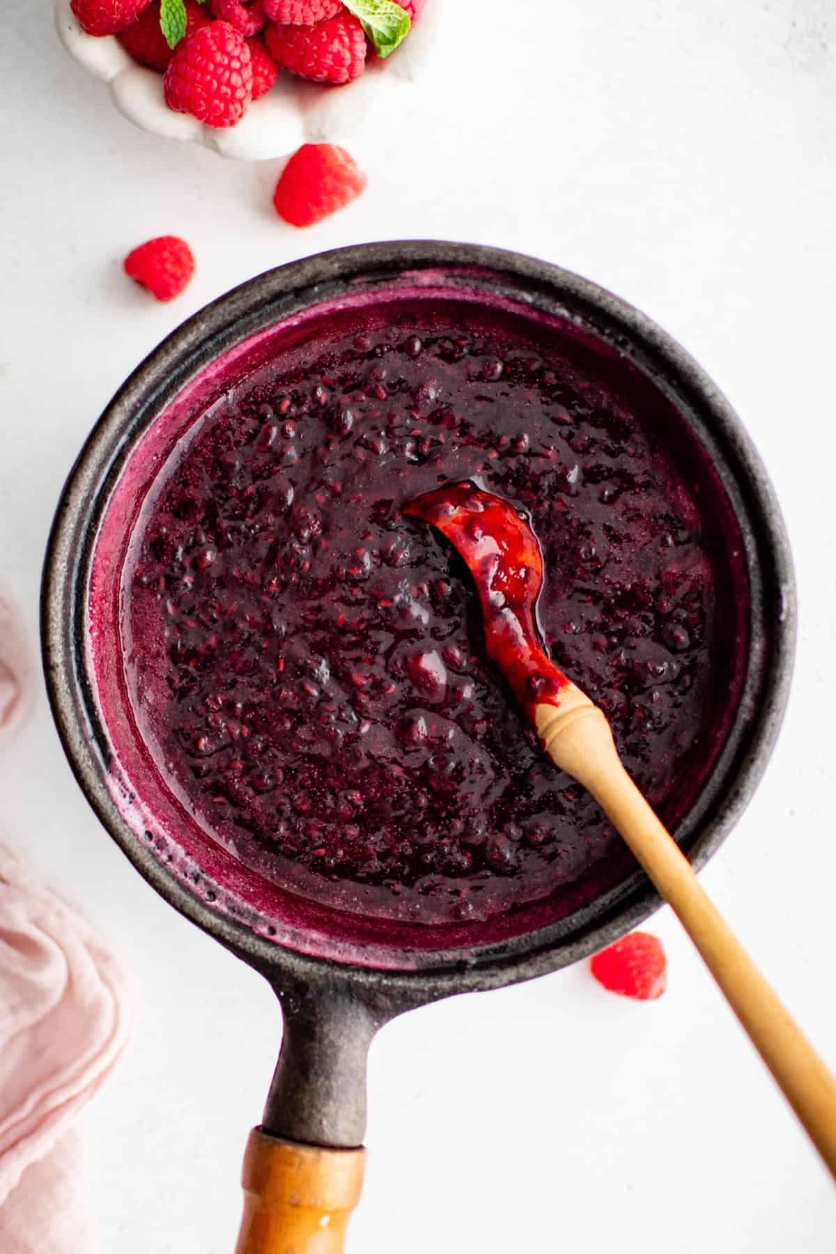 raspberry sauce in a saucepan