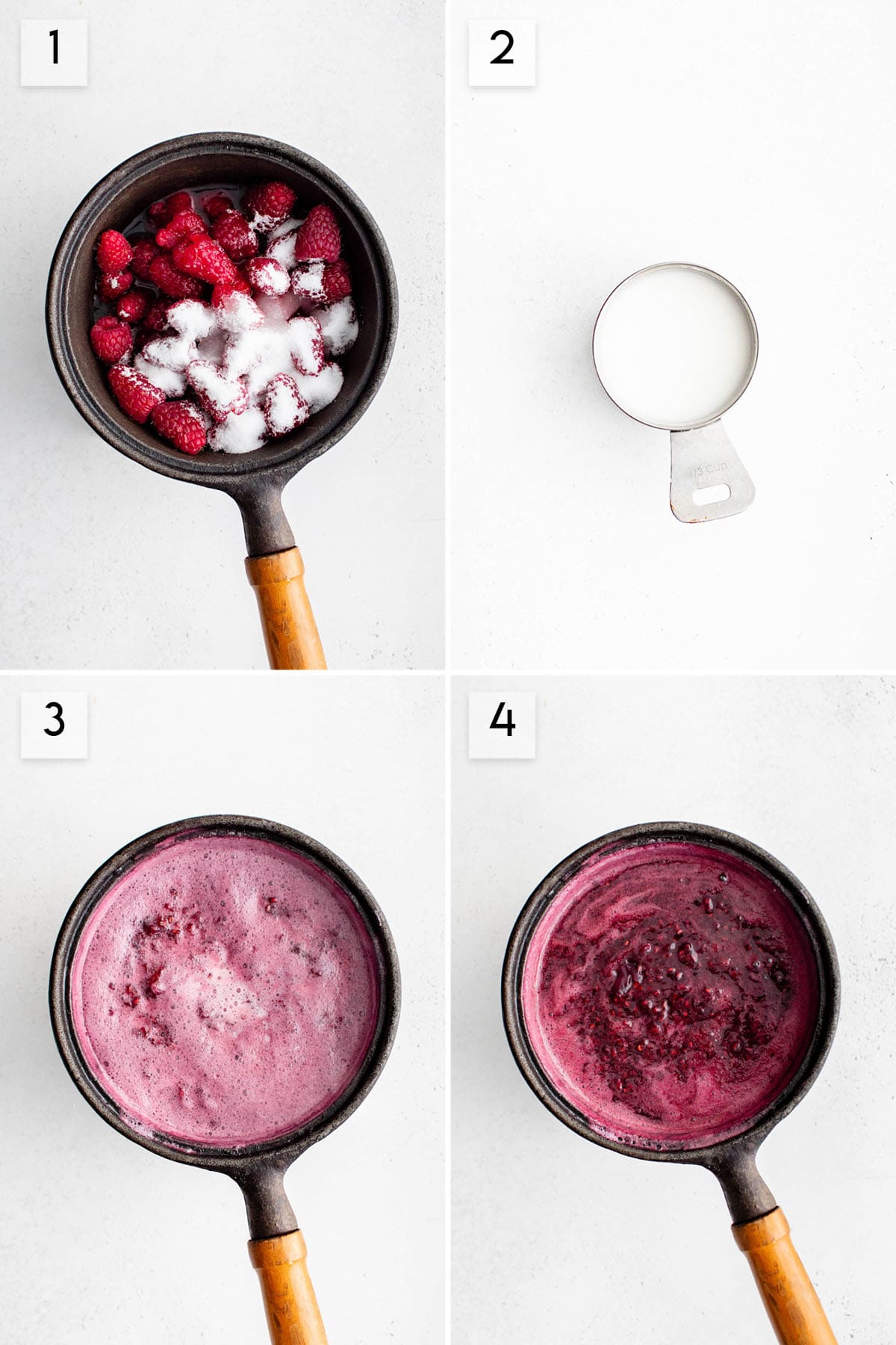 four panel collage image showing how to make raspberry sauce
