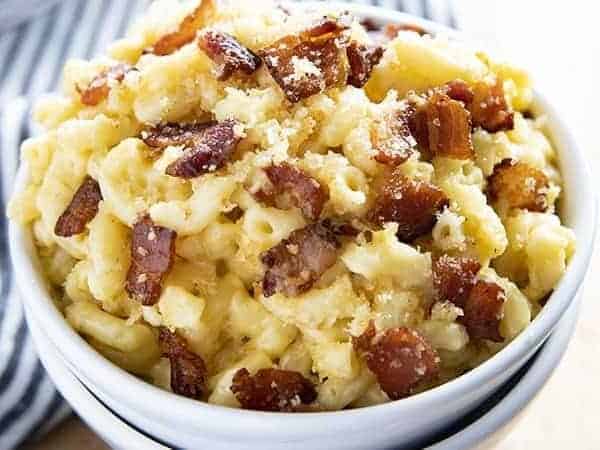 bacon mac and cheese in a bowl