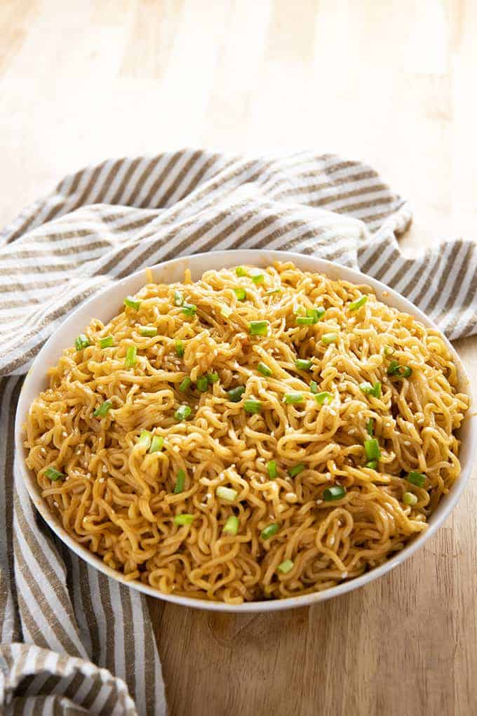 sesame garlic ramen noodles in a white bowl