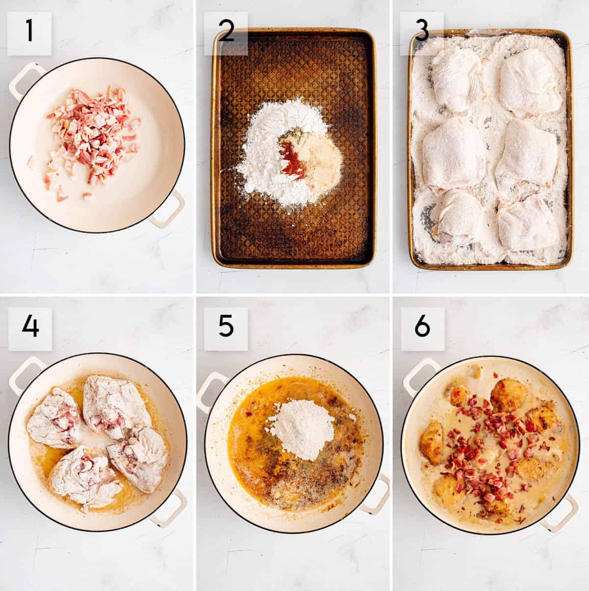 six panel collage image showing different steps of making one pan smothered chicken