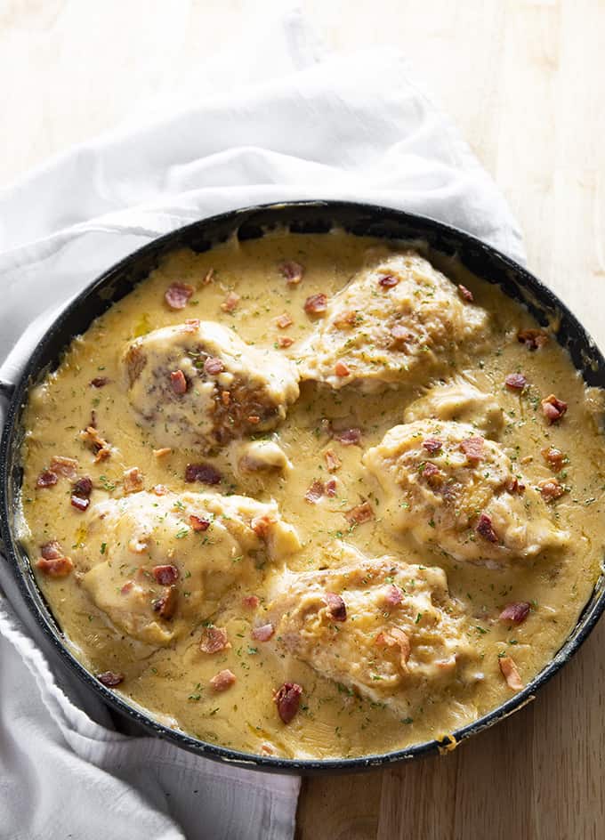 One-pan cheese and bacon smothered chicken recipe