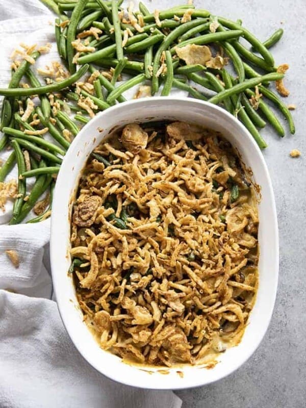 green bean casserole topped with french fried onions