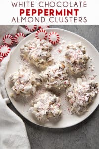 white chocolate almond clusters topped with peppermints