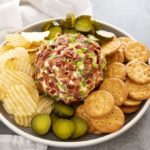 cheese ball with pickles and bacon