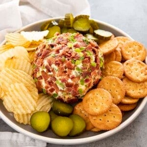 cheese ball with pickles and bacon
