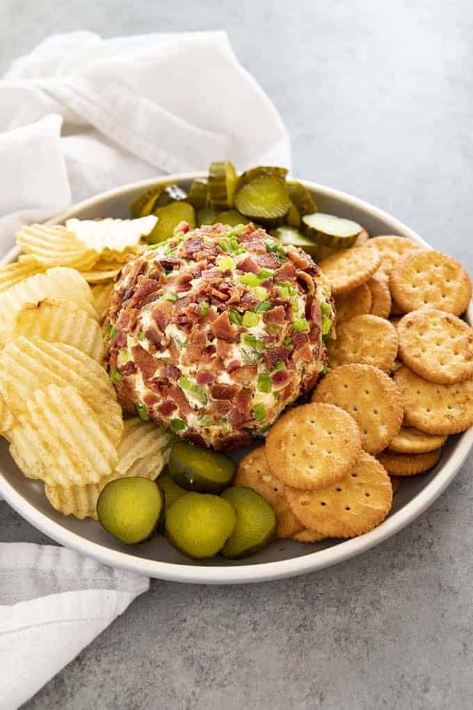 cheese ball with pickles and bacon