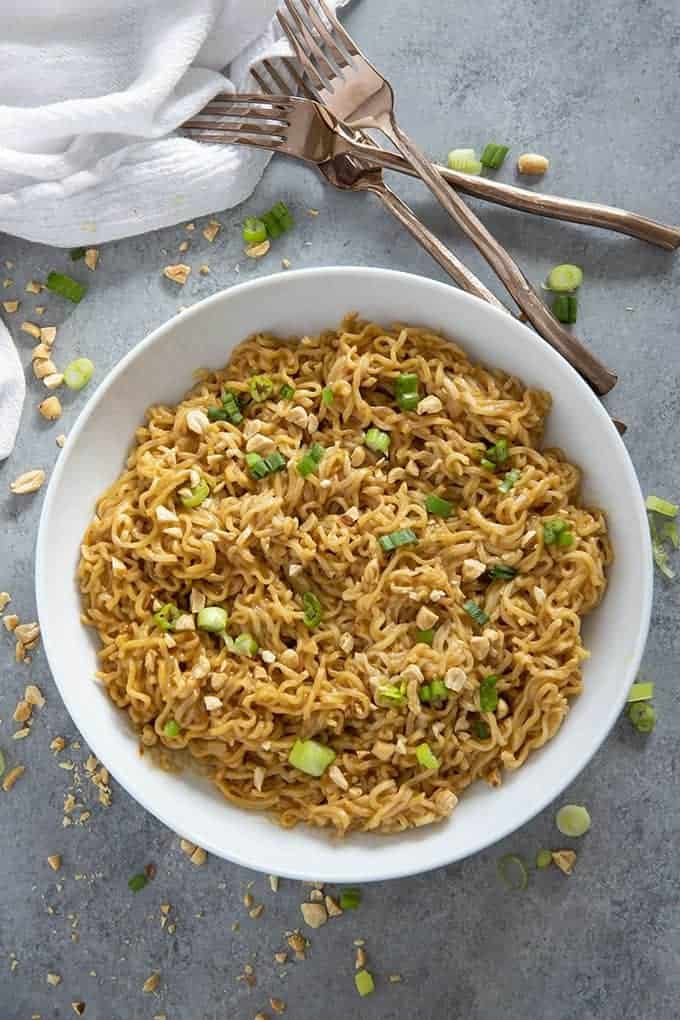 thai peanut ramen noodles in bowl