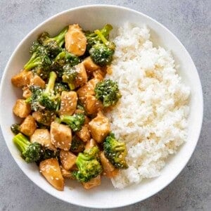 chicken and broccoli with rice in a bowl
