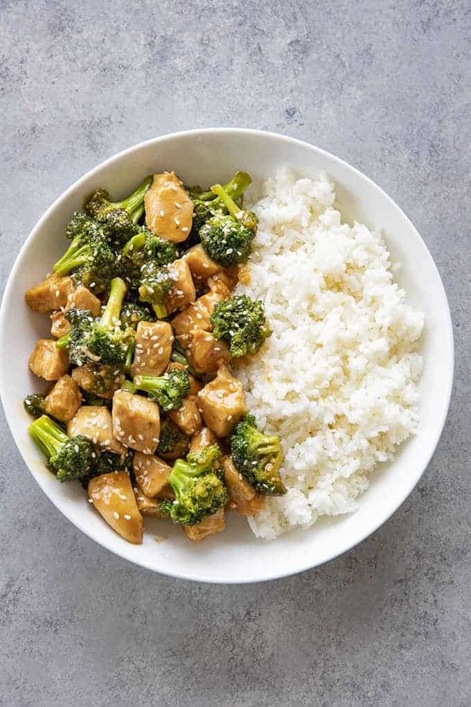 chicken and broccoli with rice in a bowl