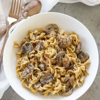 stroganoff with mushrooms in a bowl