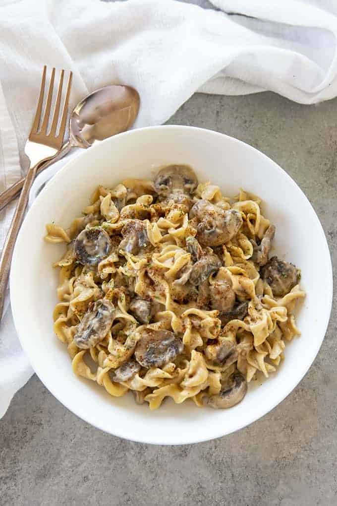 stroganoff with mushrooms in a bowl