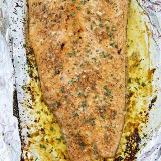 baked salmon on baking sheet